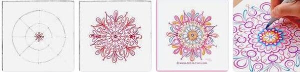 Stages of Mandala Art Kits creation from basic sketch to intricate design to coloring process.